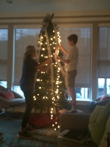 An assembled and lit tree, thanks to Ellen and Hamp